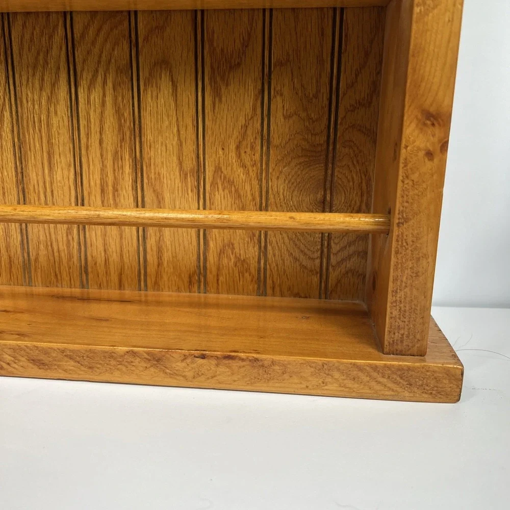 VTG Wood Wall Shelf Spice Rack Rustic Farmhouse Hanging Display 20x16 w/ Rails
